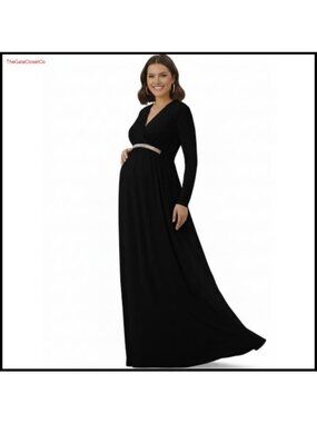 KOH KOH Maternity Long Sleeve V-Neck Pleated Maxi Dress Gown